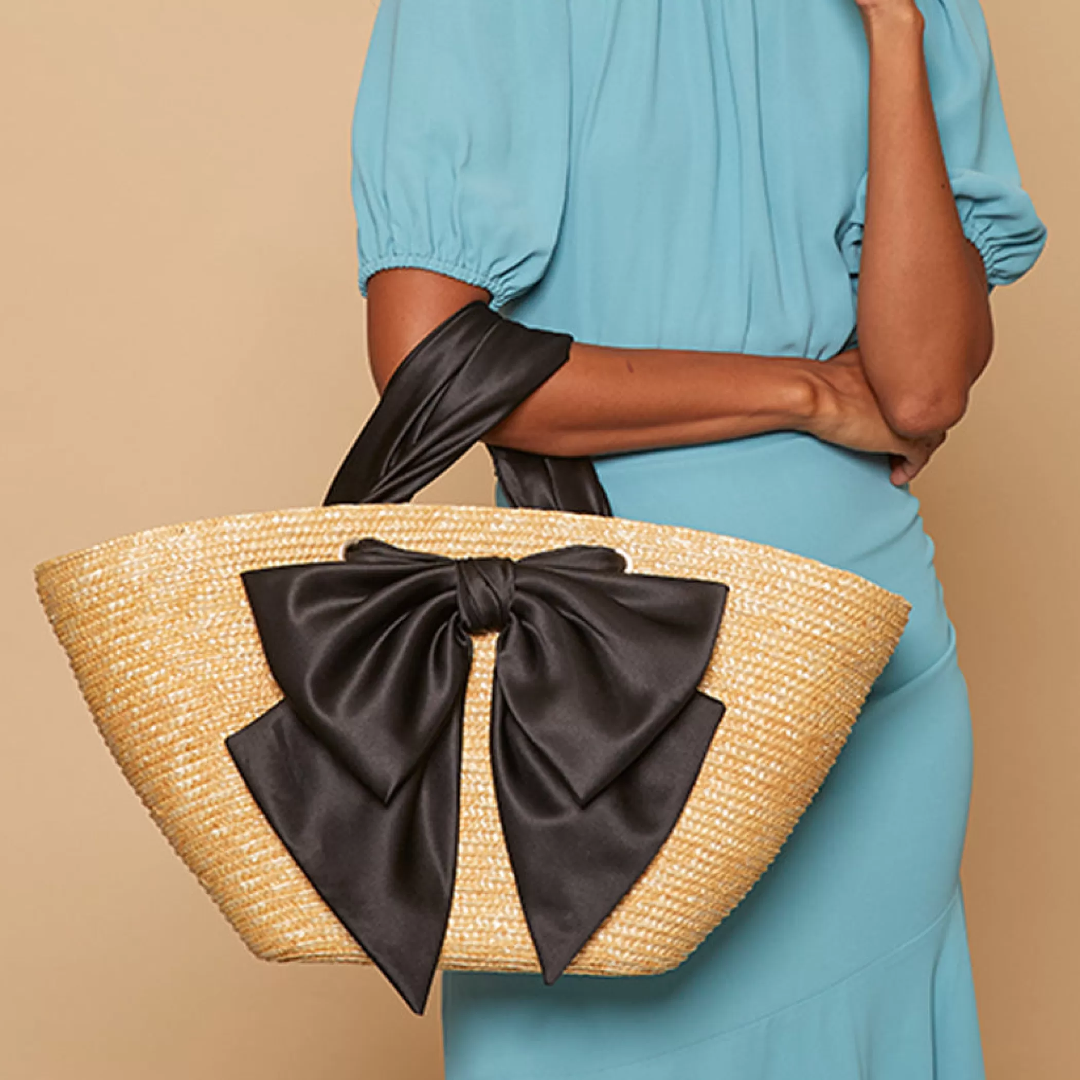 Shop Carlotta Straw Tote W/Black Satin Bow Women Bags